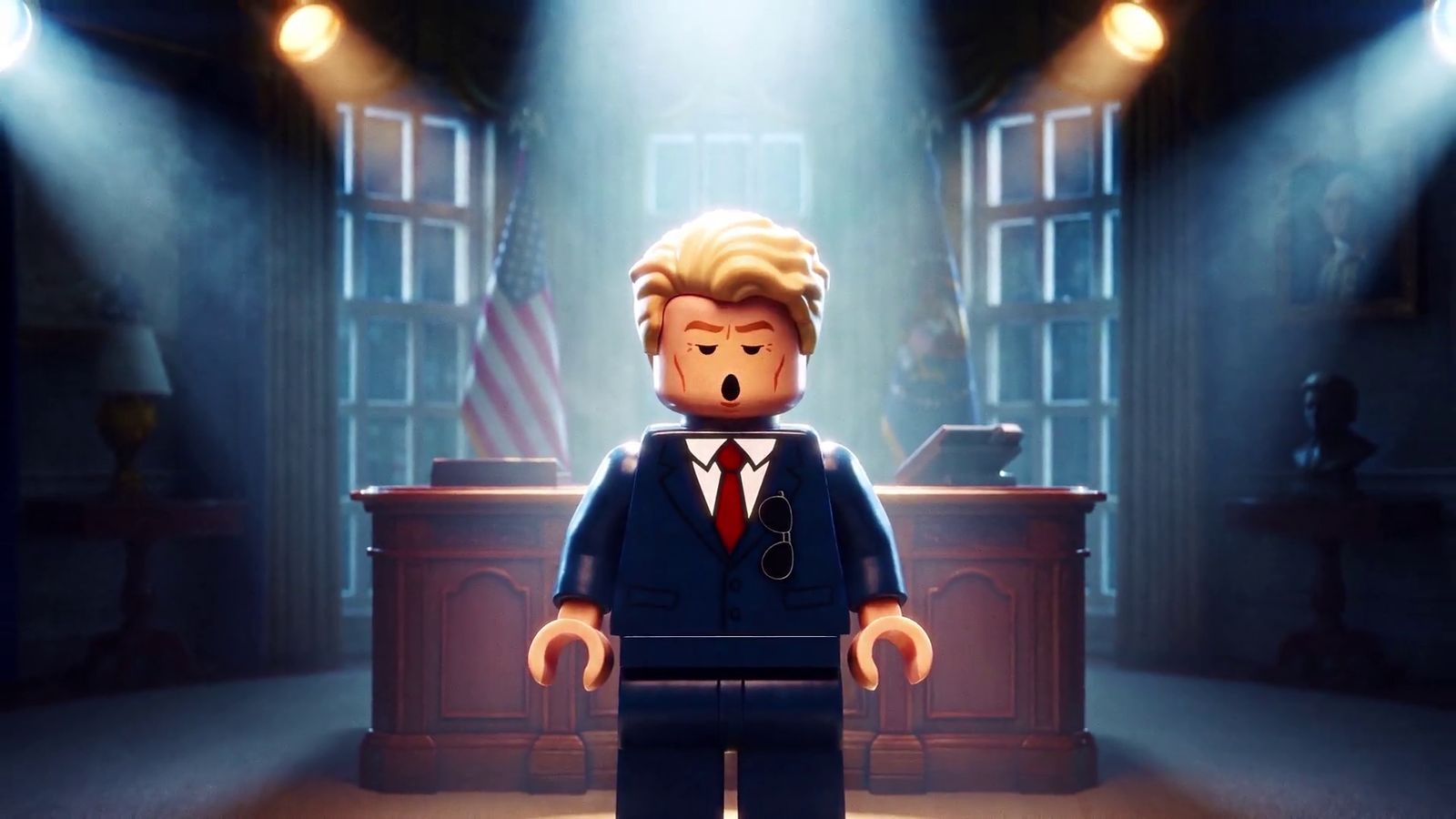 Lego Trump standing at the Resolute Desk